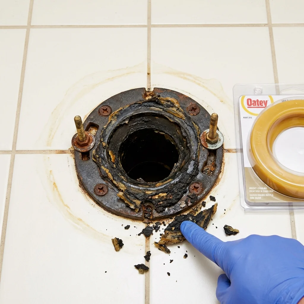 Failed wax ring showing water seepage at the base of a toilet in a Hamilton, MT home