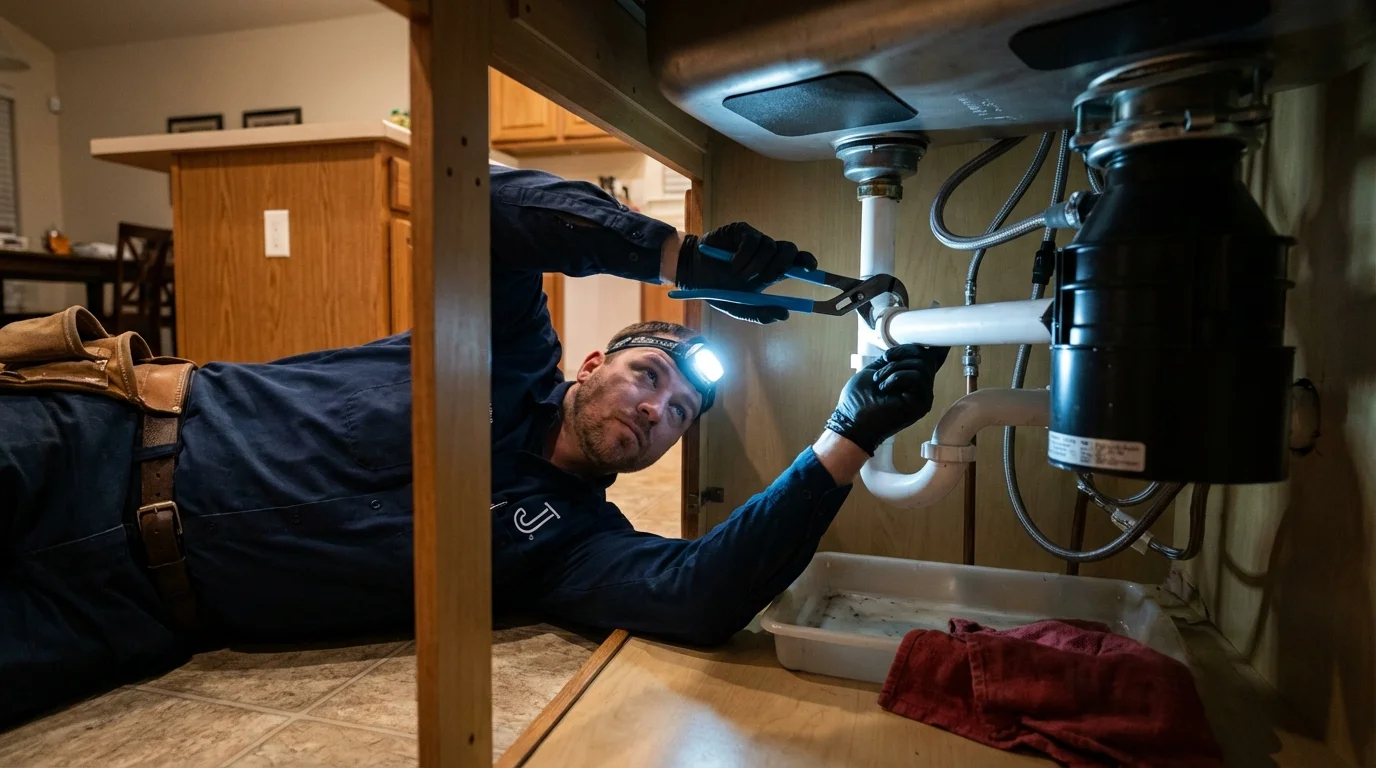 P-trap and supply line connections under a kitchen sink showing a common leak point in Hamilton, MT